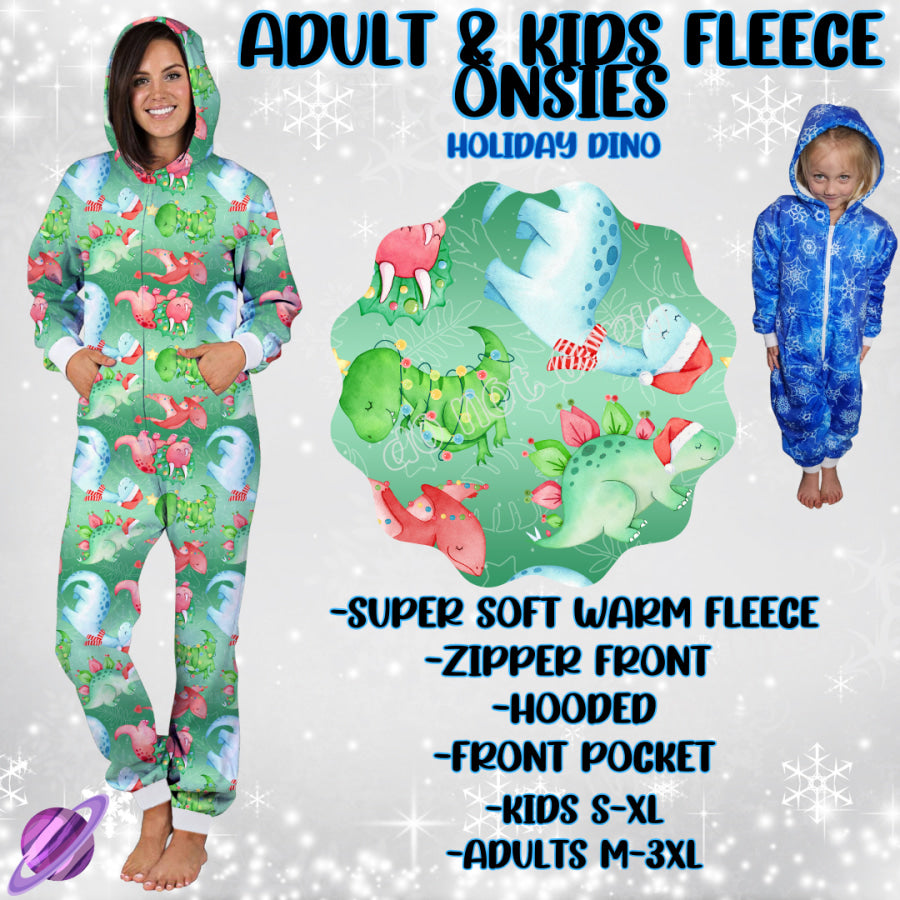 Preorder Custom Fleece Onesie - Holiday Dino - Closes 23 Sep - ETA late Dec 2024 Onesie