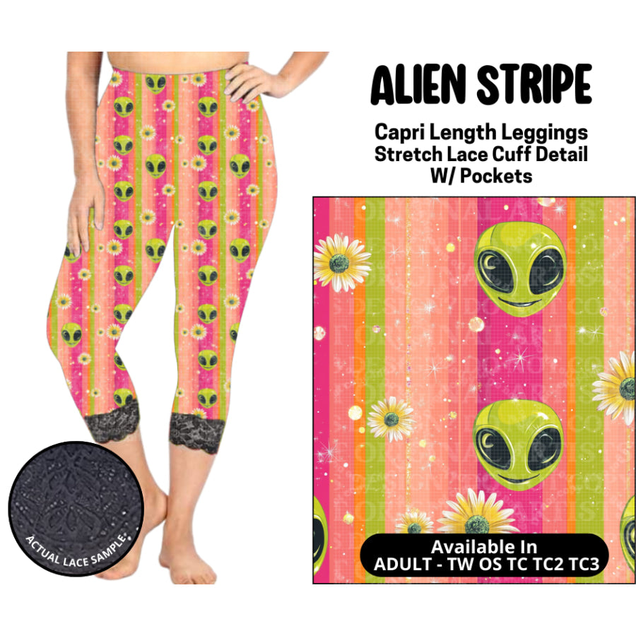 Preorder Custom Lace Cuff Capri Leggings - Alien Stripe - Closes 12 May - ETA early Sep 2025 Leggings