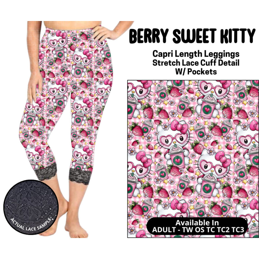 Preorder Custom Lace Cuff Capri Leggings - Berry Sweet Kitty - Closes 12 May - ETA early Sep 2025 Leggings