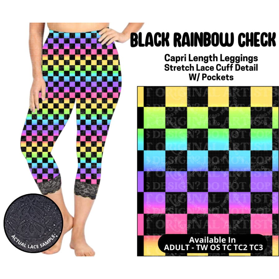 Preorder Custom Lace Cuff Capri Leggings - Black Rainbow Check - Closes 12 May - ETA early Sep 2025 Leggings