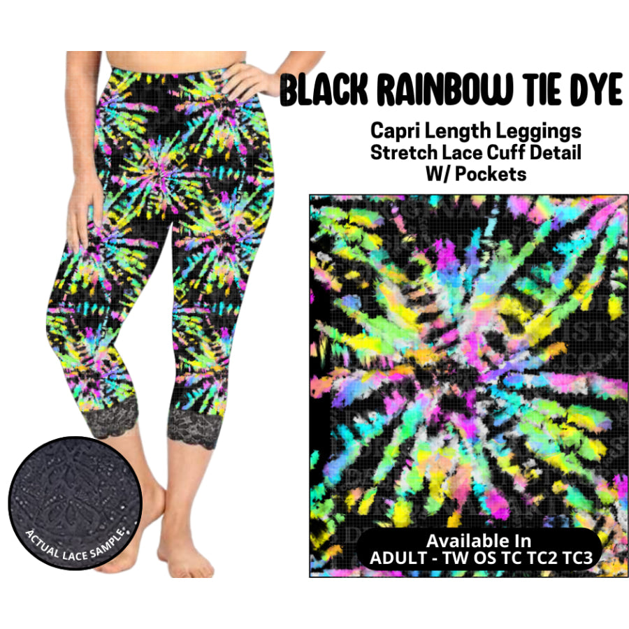 Preorder Custom Lace Cuff Capri Leggings - Black Rainbow Tie Dye - Closes 12 May - ETA early Sep 2025 Leggings