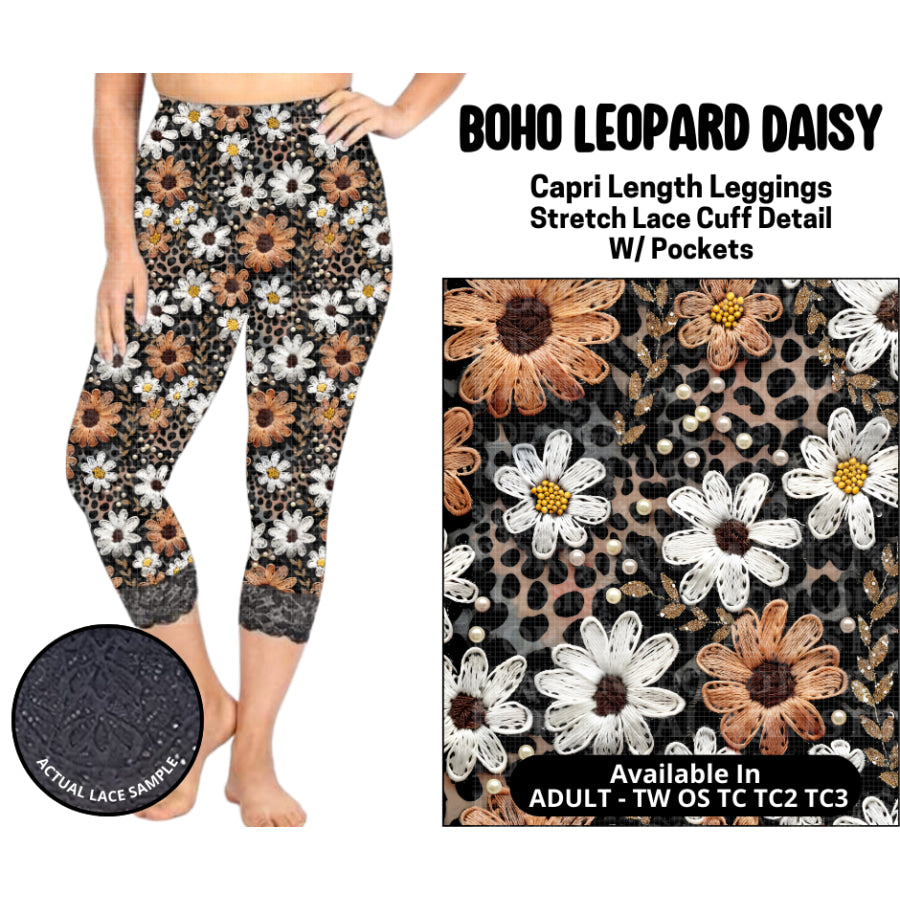 Preorder Custom Lace Cuff Capri Leggings - Boho Leopard Daisy - Closes 12 May - ETA early Sep 2025 Leggings