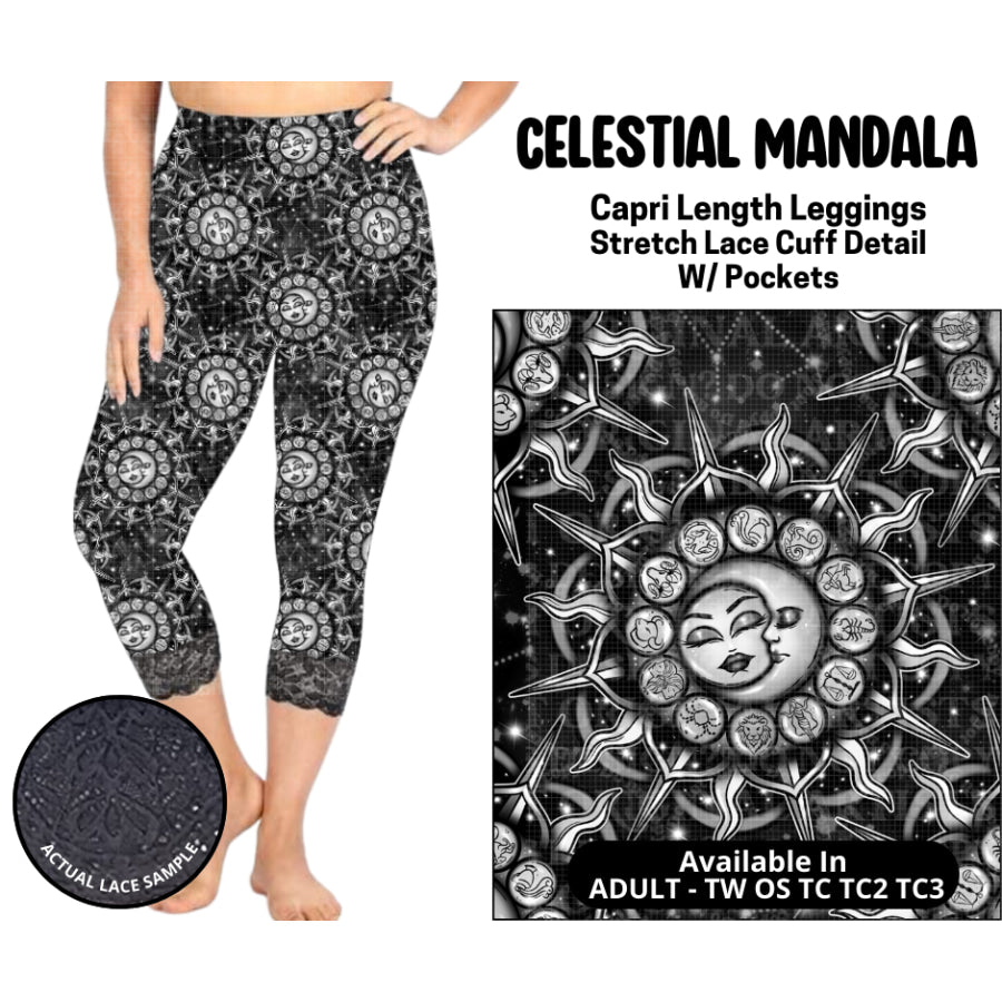 Preorder Custom Lace Cuff Capri Leggings - Celestial Mandala - Closes 12 May - ETA early Sep 2025 Leggings