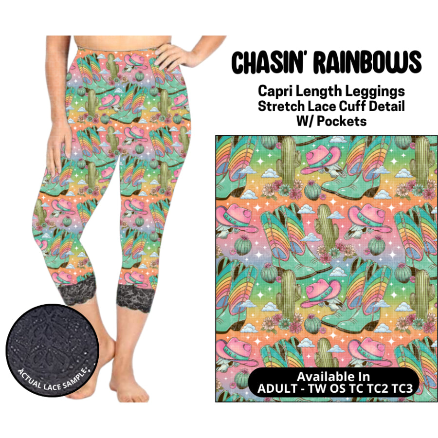 Preorder Custom Lace Cuff Capri Leggings - Chasin’ Rainbows - Closes 12 May - ETA early Sep 2025 Leggings
