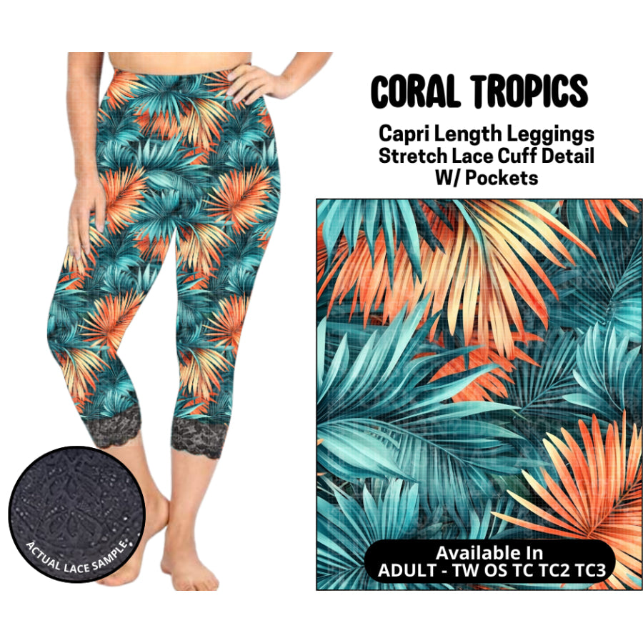 Preorder Custom Lace Cuff Capri Leggings - Coral Tropics - Closes 12 May - ETA early Sep 2025 Leggings