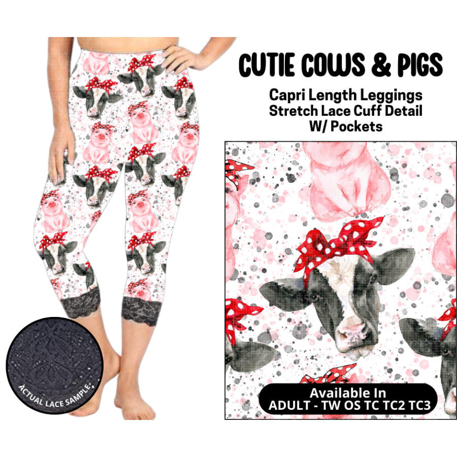 Preorder Custom Lace Cuff Capri Leggings - Cute Cows and Pigs - Closes 12 May - ETA early Sep 2025 Leggings