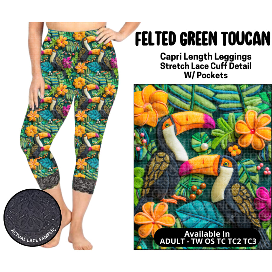 Preorder Custom Lace Cuff Capri Leggings - Felted Green Toucan - Closes 12 May - ETA early Sep 2025 Leggings