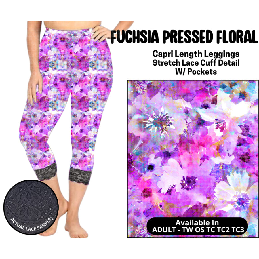 Preorder Custom Lace Cuff Capri Leggings - Fuchsia Pressed Floral - Closes 12 May - ETA early Sep 2025 Leggings