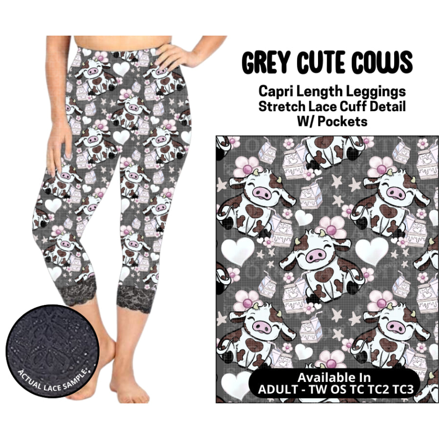 Preorder Custom Lace Cuff Capri Leggings - Grey Cute Cows - Closes 12 May - ETA early Sep 2025 Leggings