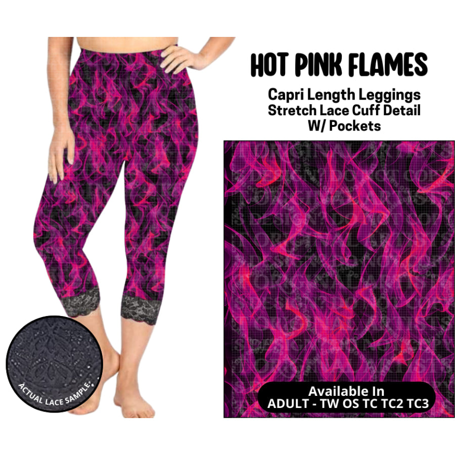 Preorder Custom Lace Cuff Capri Leggings - Hot Pink Flames - Closes 12 May - ETA early Sep 2025 Leggings
