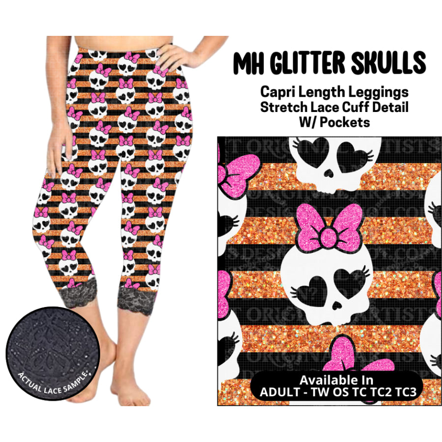 Preorder Custom Lace Cuff Capri Leggings - MH Glitter Skulls - Closes 12 May - ETA early Sep 2025 Leggings