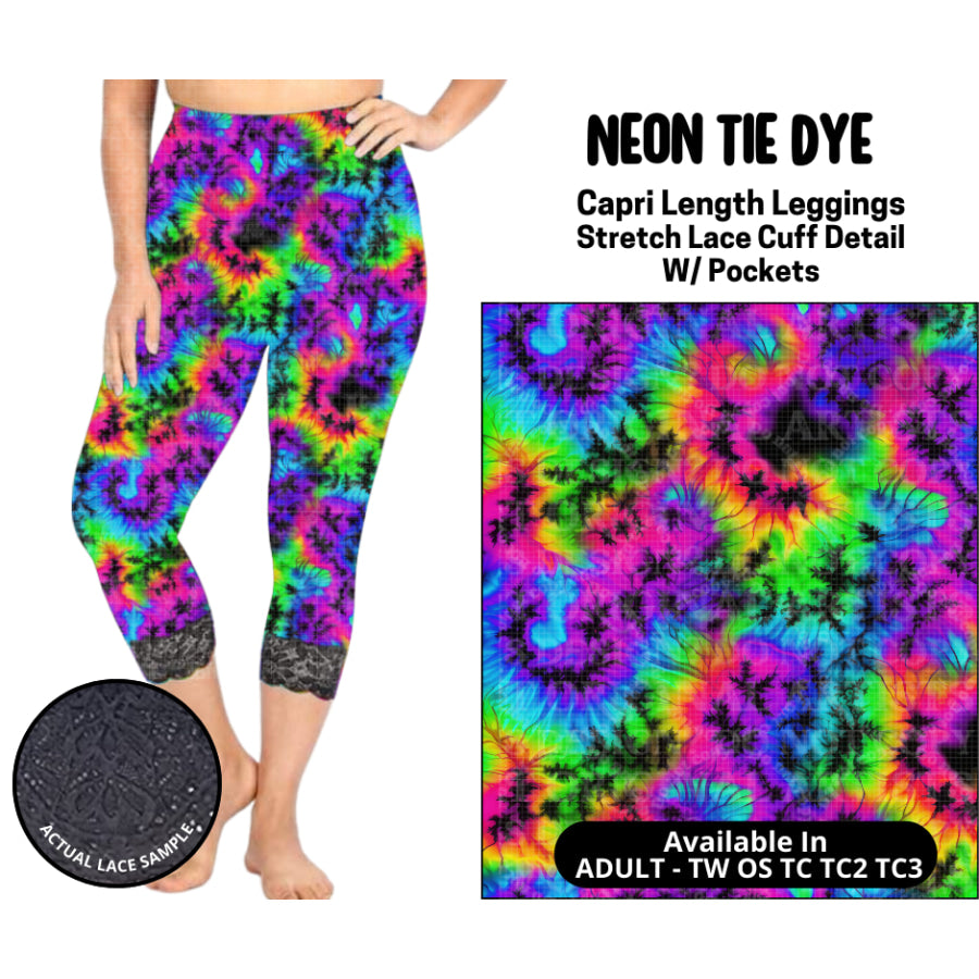 Preorder Custom Lace Cuff Capri Leggings - Neon Tie Dye - Closes 12 May - ETA early Sep 2025 Leggings