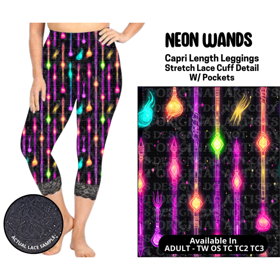 Preorder Custom Lace Cuff Capri Leggings - Neon Wands - Closes 12 May - ETA early Sep 2025 Leggings