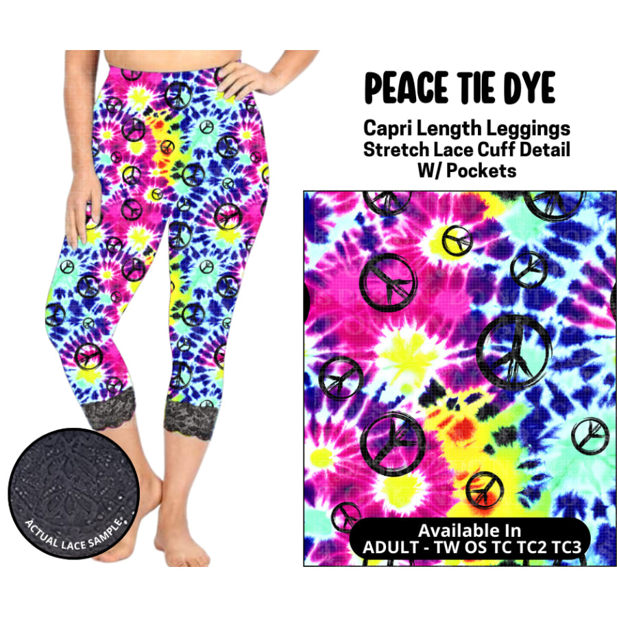 Preorder Custom Lace Cuff Capri Leggings - Peace Tie Dye - Closes 12 May - ETA early Sep 2025 Leggings