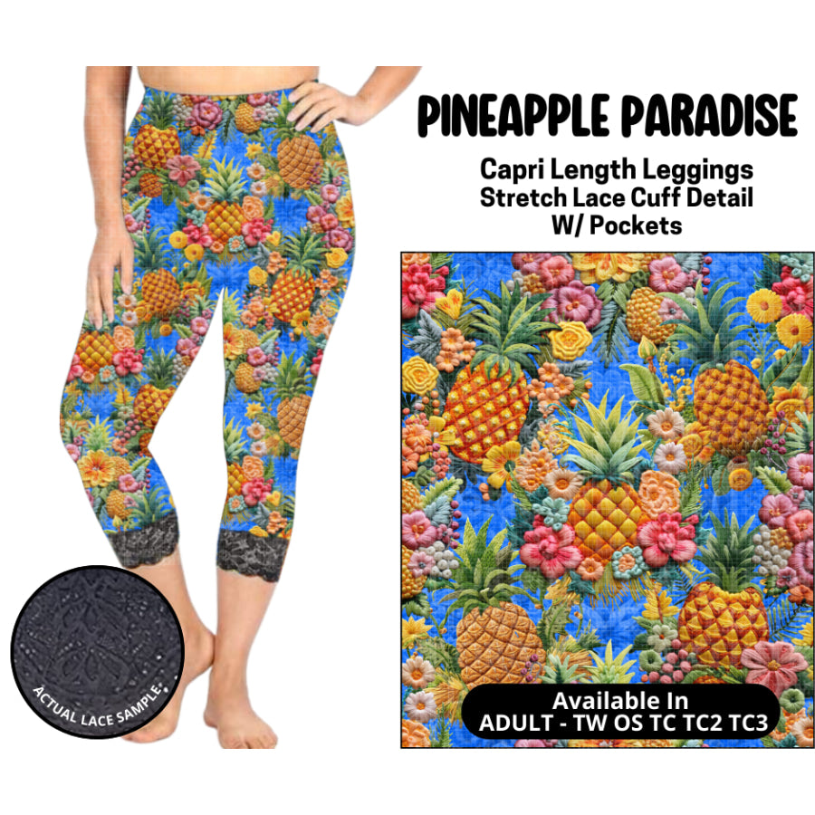 Preorder Custom Lace Cuff Capri Leggings - Pineapple Paradise - Closes 12 May - ETA early Sep 2025 Leggings