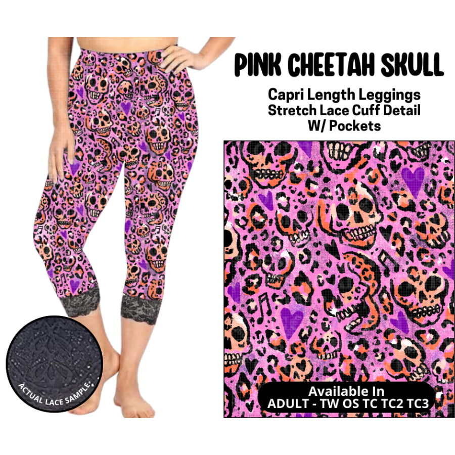Preorder Custom Lace Cuff Capri Leggings - Pink Cheetah Skull - Closes 12 May - ETA early Sep 2025 Leggings