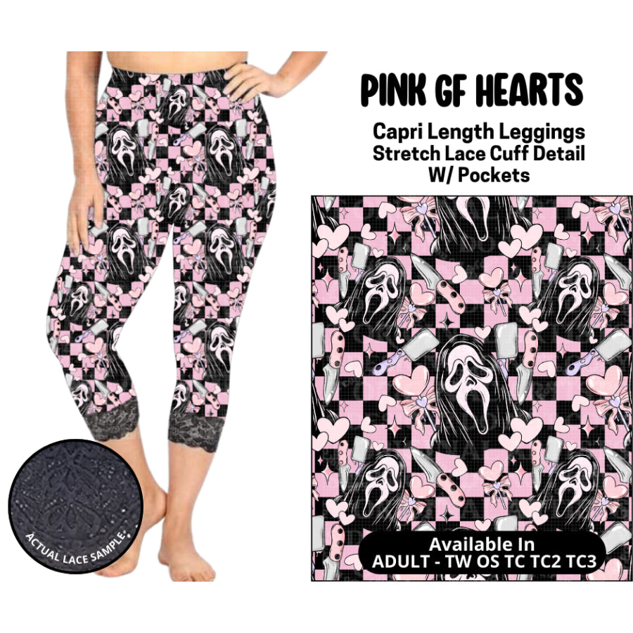 Preorder Custom Lace Cuff Capri Leggings - Pink GF Hearts - Closes 12 May - ETA early Sep 2025 Leggings