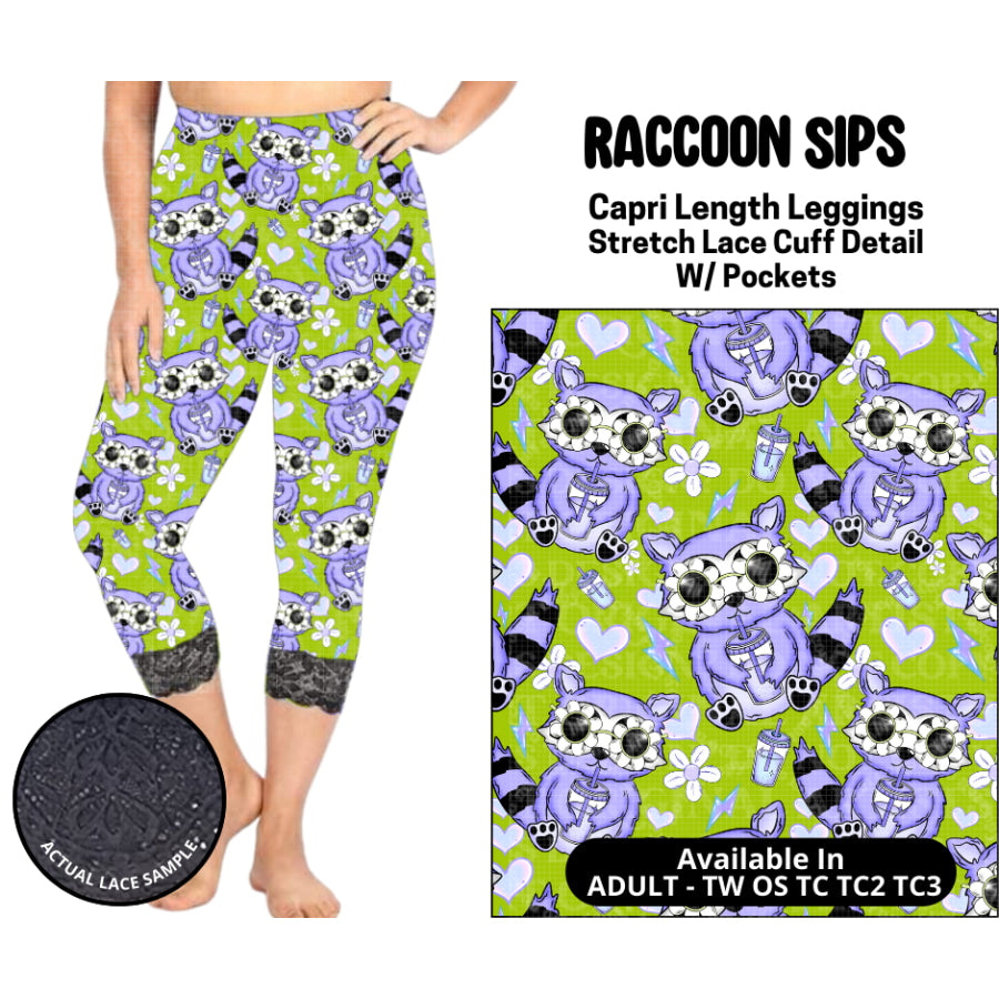 Preorder Custom Lace Cuff Capri Leggings - Raccoon Sips - Closes 12 May - ETA early Sep 2025 Leggings