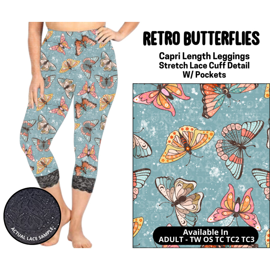 Preorder Custom Lace Cuff Capri Leggings - Retro Butterflies - Closes 12 May - ETA early Sep 2025 Leggings