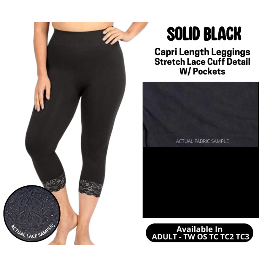 Preorder Custom Lace Cuff Capri Leggings - Solid Black - Closes 12 May - ETA early Sep 2025 Leggings