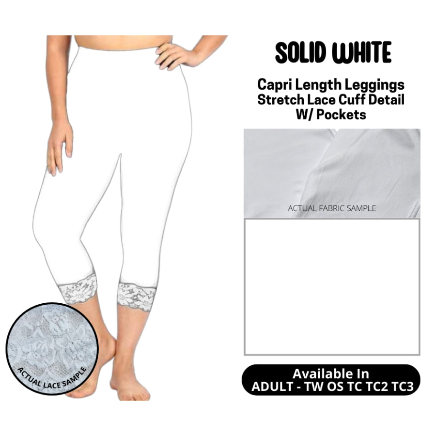Preorder Custom Lace Cuff Capri Leggings - Solid White - Closes 12 May - ETA early Sep 2025 Leggings