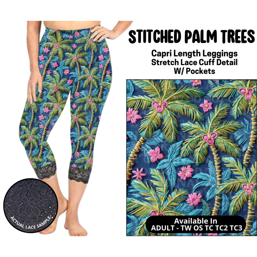Preorder Custom Lace Cuff Capri Leggings - Stitched Palm Trees - Closes 12 May - ETA early Sep 2025 Leggings
