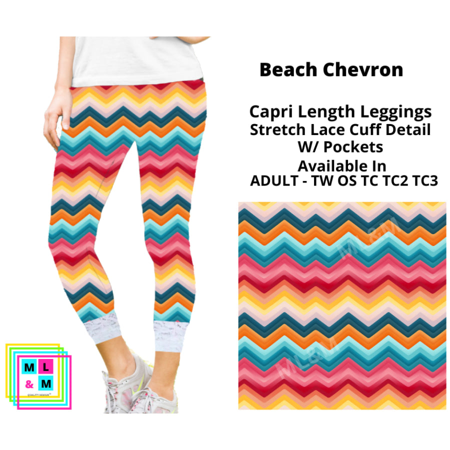 PREORDER Custom Lace Cuff Capri Leggings with Pockets - Beach Chevron - Closes 20 May - ETA mid Sep 2024 Leggings