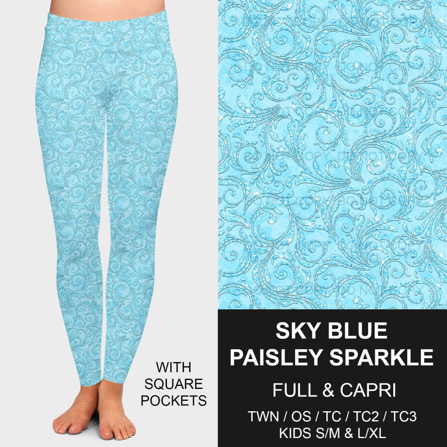 PREORDER Custom Leggings - Sky Blue Paisley Sparkle - Closes 23 Jan - ETA late Apr 2025 Leggings