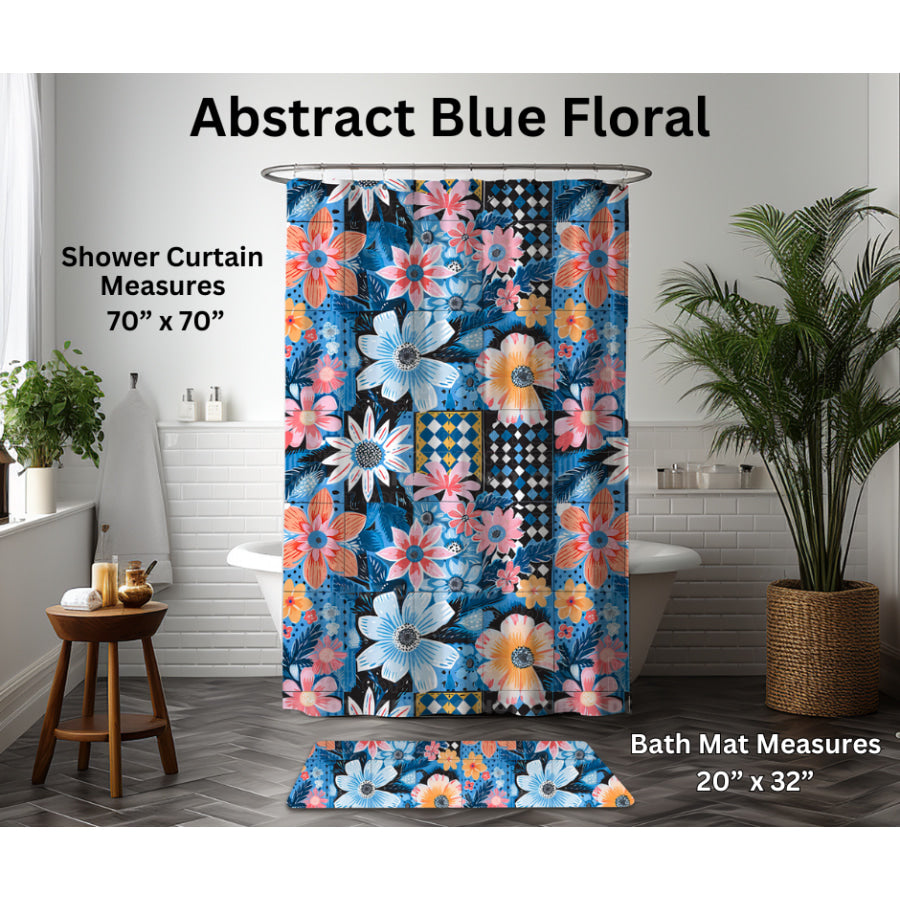 Preorder Custom Shower Curtain / Bath Mat - Abstract Blue Floral - Closes 6 Jan - ETA late Apr 2025 Shower Curtains and Bath Mats