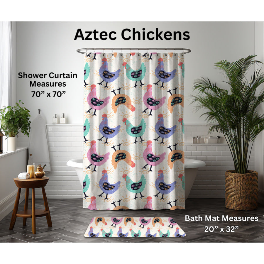 Preorder Custom Shower Curtain / Bath Mat - Aztec Chickens - Closes 6 Jan - ETA late Apr 2025 Shower Curtains and Bath Mats