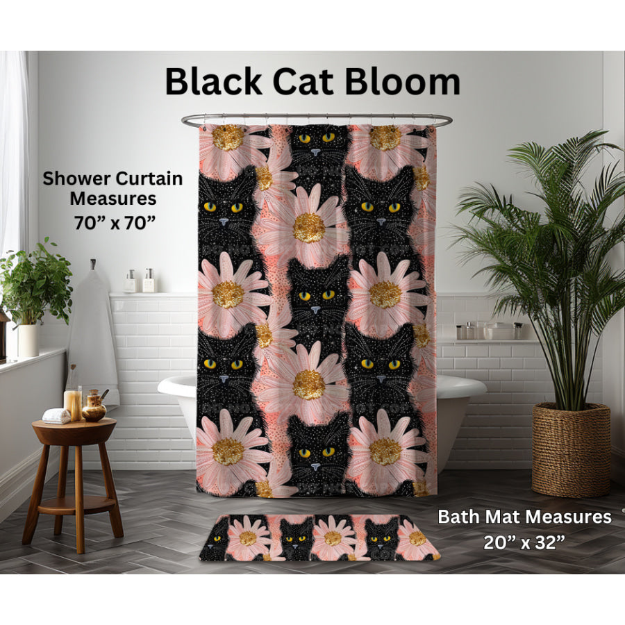 Preorder Custom Shower Curtain / Bath Mat - Black Cat Bloom - Closes 6 Jan - ETA late Apr 2025 Shower Curtains and Bath Mats