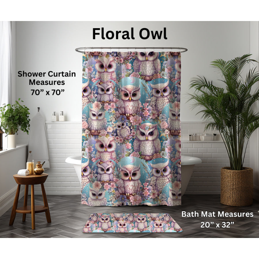 Preorder Custom Shower Curtain / Bath Mat - Floral Owl - Closes 6 Jan - ETA late Apr 2025 Shower Curtains and Bath Mats