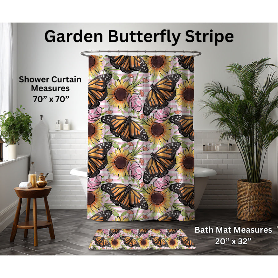 Preorder Custom Shower Curtain / Bath Mat - Garden Butterfly Stripe - Closes 6 Jan - ETA late Apr 2025 Shower Curtains and Bath Mats