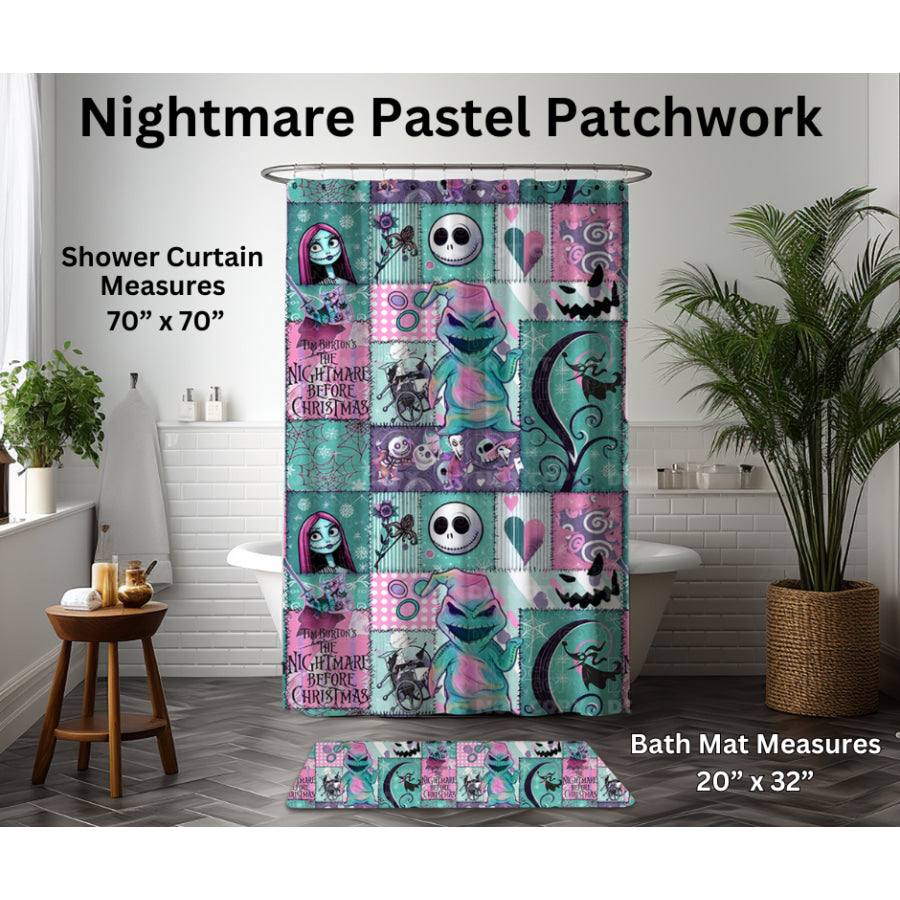 Preorder Custom Shower Curtain / Bath Mat - Nightmare Pastel Patchwork - Closes 6 Jan - ETA late Apr 2025 Shower Curtains and Bath Mats