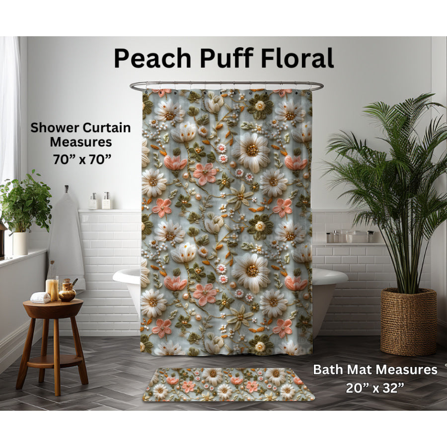 Preorder Custom Shower Curtain / Bath Mat - Peach Puff Floral - Closes 6 Jan - ETA late Apr 2025 Shower Curtains and Bath Mats