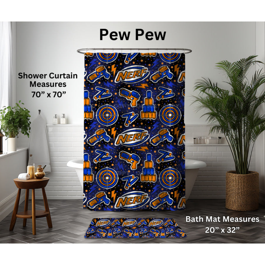 Preorder Custom Shower Curtain / Bath Mat - Pew Pew - Closes 6 Jan - ETA late Apr 2025 Shower Curtains and Bath Mats