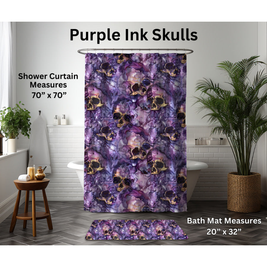 Preorder Custom Shower Curtain / Bath Mat - Purple Ink Skulls - Closes 6 Jan - ETA late Apr 2025 Shower Curtains and Bath Mats