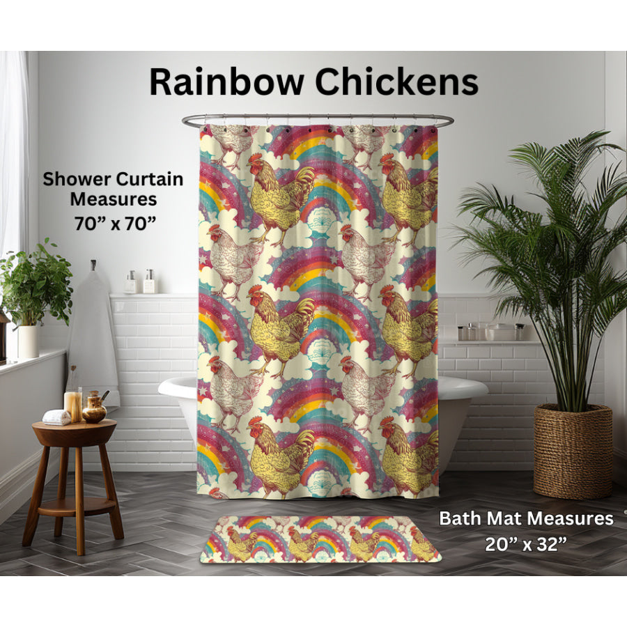 Preorder Custom Shower Curtain / Bath Mat - Rainbow Chickens - Closes 6 Jan - ETA late Apr 2025 Shower Curtains and Bath Mats