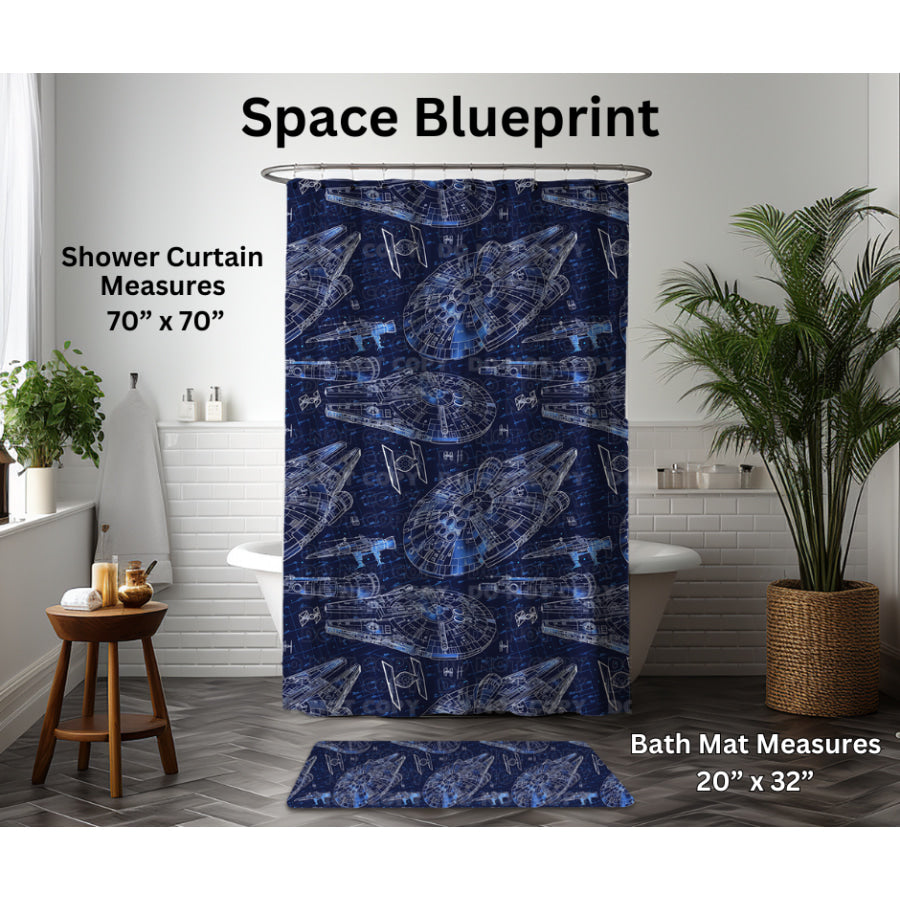 Preorder Custom Shower Curtain / Bath Mat - Space Blueprint - Closes 6 Jan - ETA late Apr 2025 Shower Curtains and Bath Mats