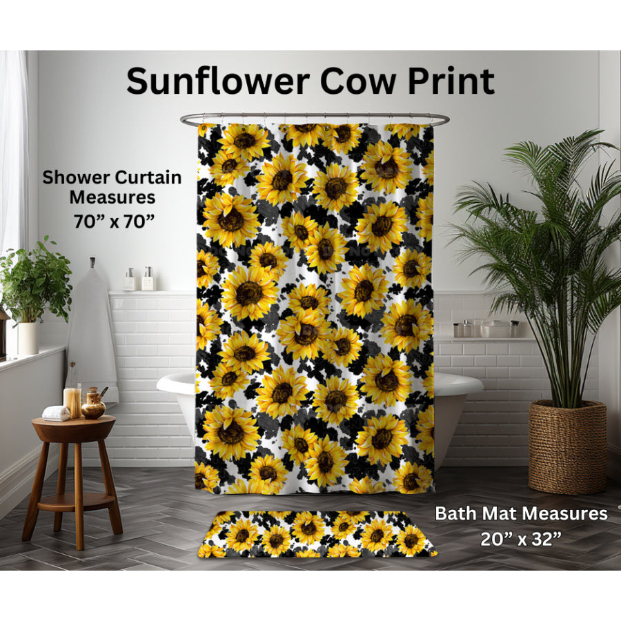 Preorder Custom Shower Curtain / Bath Mat - Sunflower Cow Print - Closes 6 Jan - ETA late Apr 2025 Shower Curtains and Bath Mats