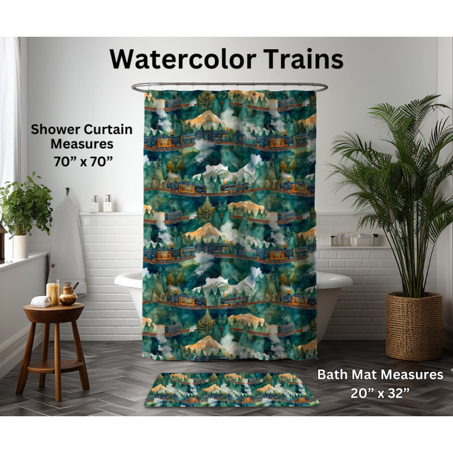 Preorder Custom Shower Curtain / Bath Mat - Watercolour Trains - Closes 6 Jan - ETA late Apr 2025 Shower Curtains and Bath Mats