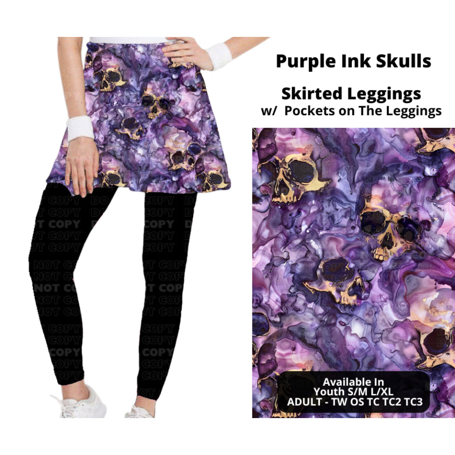 Preorder Custom Skirted Leggings with Pockets - Purple Ink Skulls - Closes 25 Nov - ETA late Feb 2025 Leggings