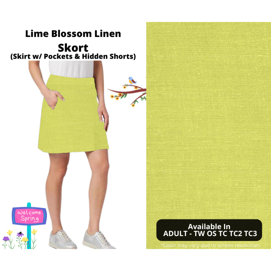 PREORDER Custom Skirts / Skorts / Skirted Leggings - Lime Blossom Linen - Closes 15 Jan - ETA late Apr 2025 Skirts