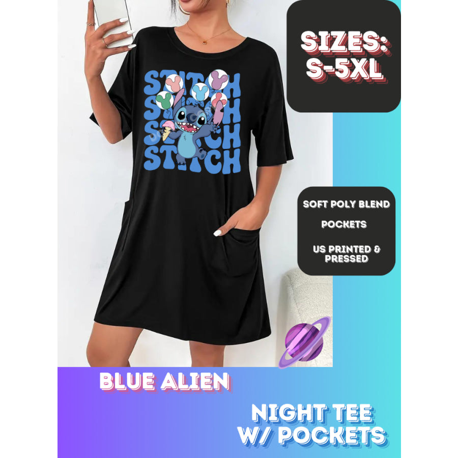 Preorder Custom Sleep Shirt with Pockets - Blue Alien - Closes 22 Sep - ETA early Nov 2024 Sleepwear