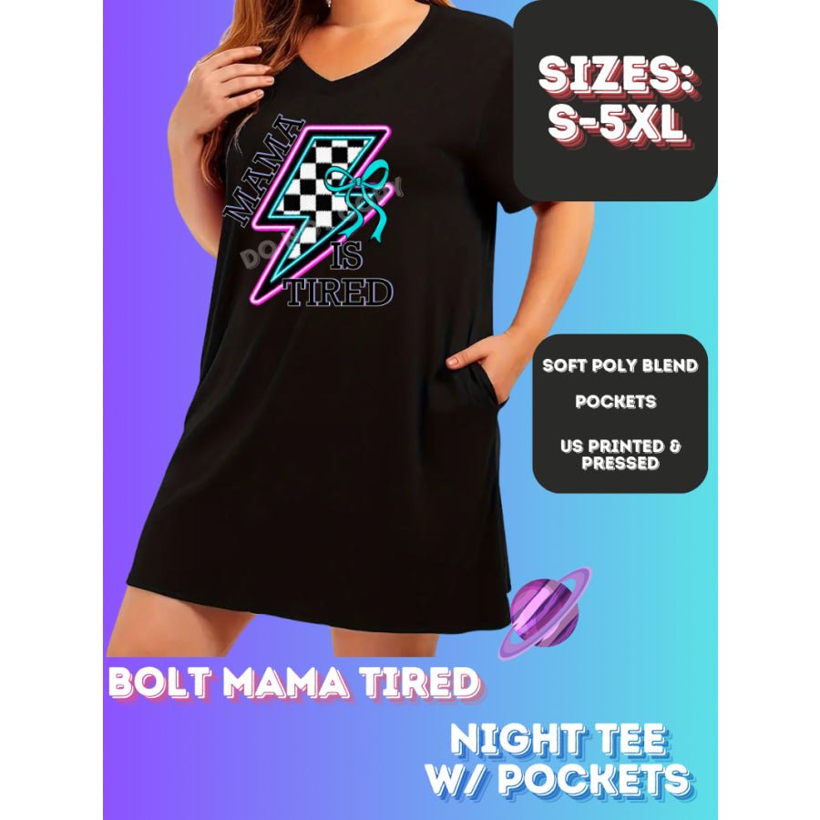 Preorder Custom Sleep Shirt with Pockets - Bolt Mama Tired - Closes 23 Nov - ETA early Jan 2025 Sleepwear