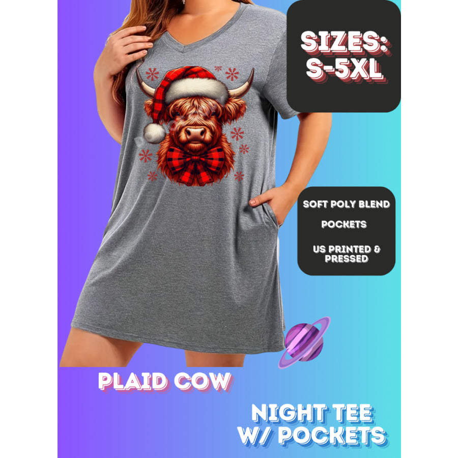 Preorder Custom Sleep Shirt with Pockets - Plaid Cow - Closes 23 Nov - ETA early Jan 2025 Sleepwear