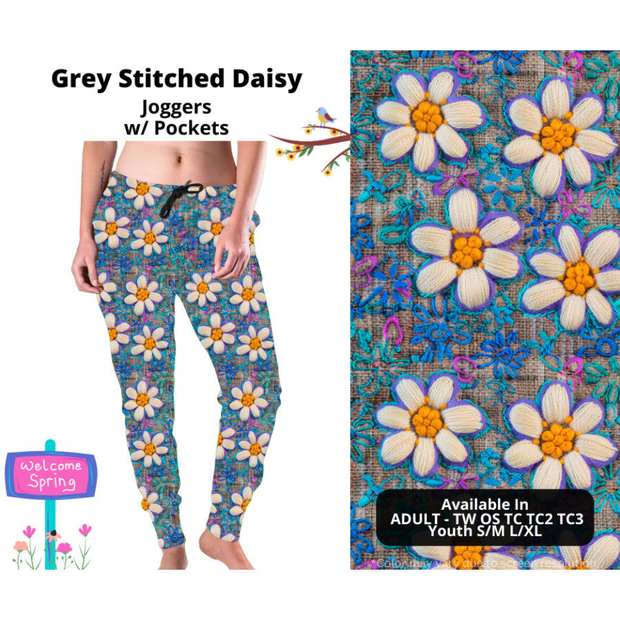 PREORDER Custom Styles - Grey Stitched Daisy - Closes 22 Jan - ETA late Apr 2025 Leggings