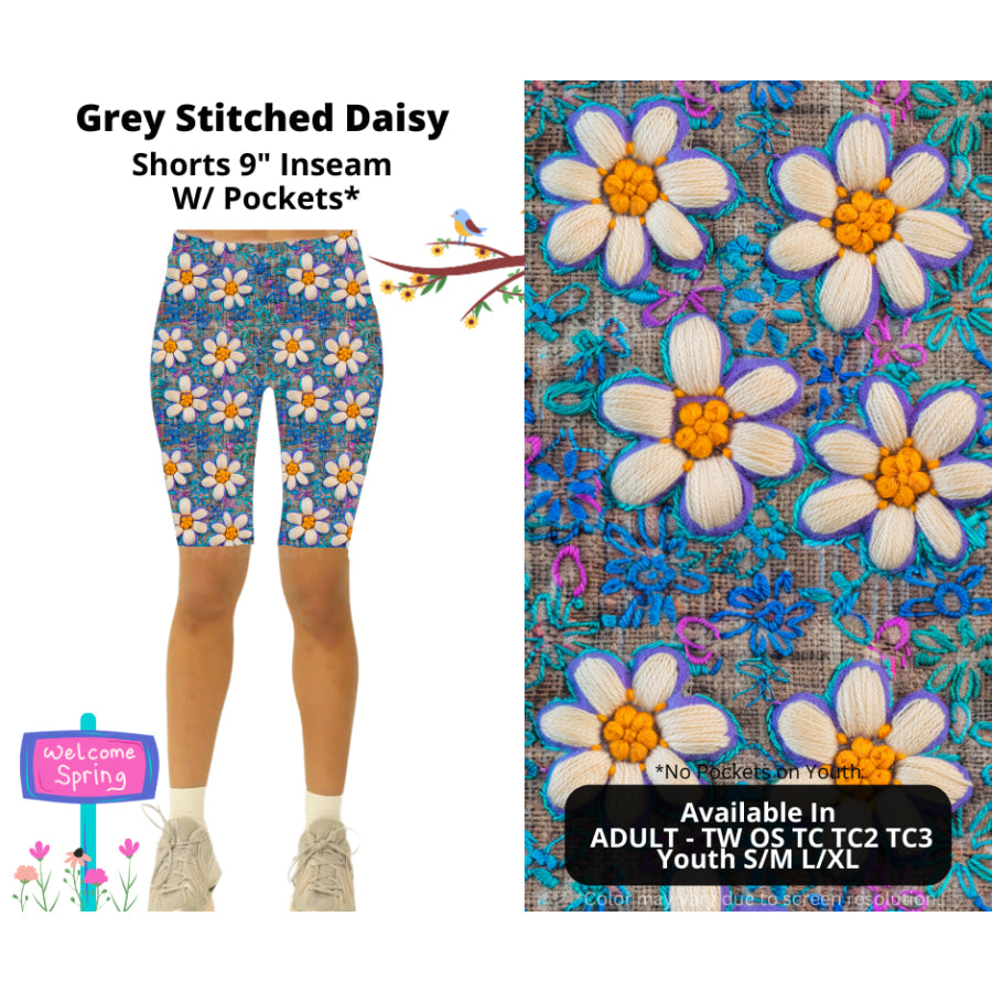 PREORDER Custom Styles - Grey Stitched Daisy - Closes 22 Jan - ETA late Apr 2025 Leggings