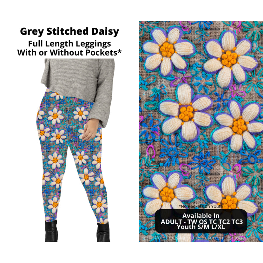 PREORDER Custom Styles - Grey Stitched Daisy - Closes 22 Jan - ETA late Apr 2025 Leggings