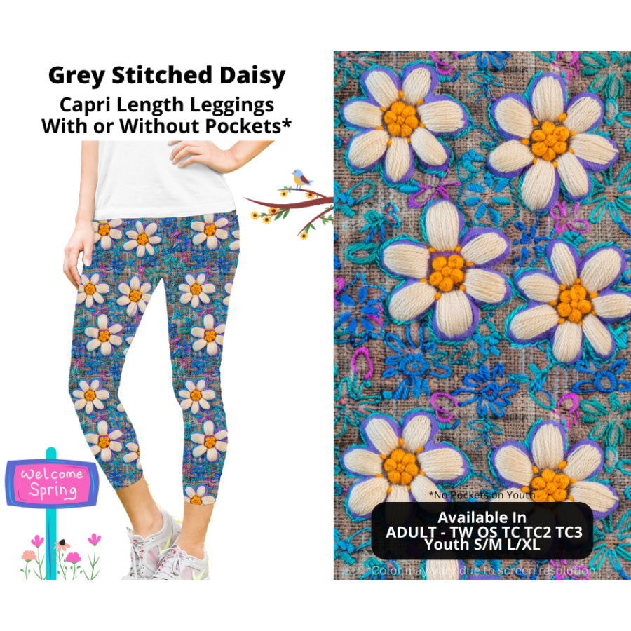 PREORDER Custom Styles - Grey Stitched Daisy - Closes 22 Jan - ETA late Apr 2025 Leggings